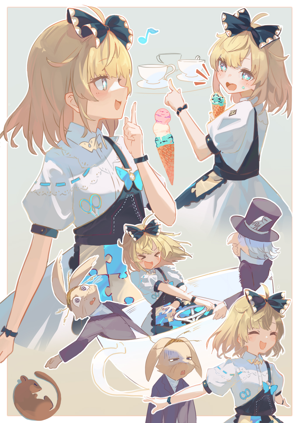 >_<, 1girl, 2boys, :d, @_@, ahoge, alice_(alice_in_wonderland), alice_in_wonderland