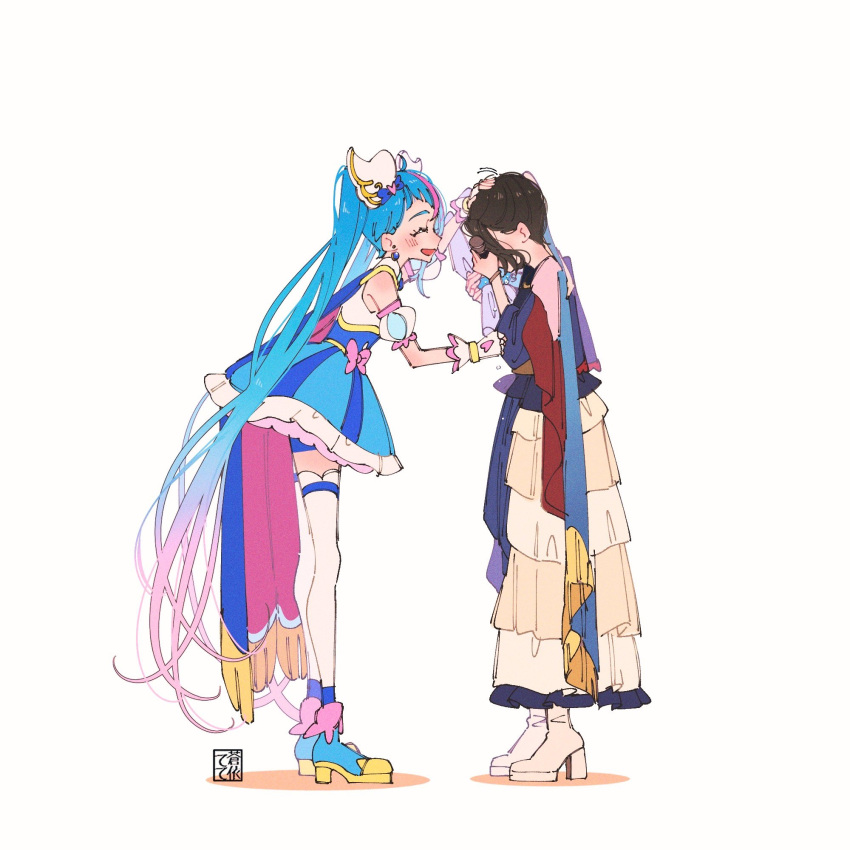 2girls, ankle_boots, aoi_tete, bike_shorts, black_hair, blue_cape, blue_footwear, blue_hair