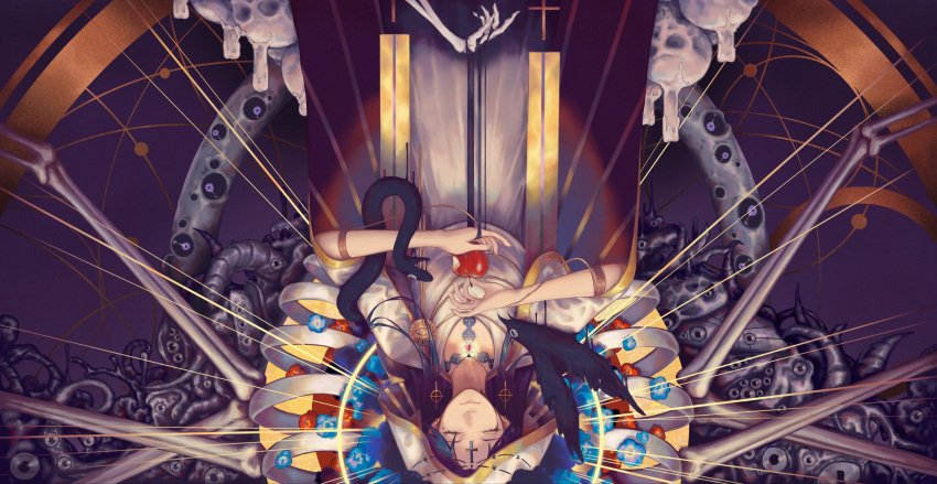 1girl, animal_on_shoulder, apple, bird, black_hair, black_tears, blue_flower, bone