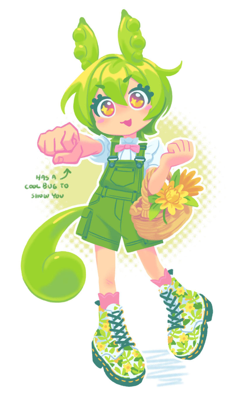 1girl, :3, absurdres, basket, bob_cut, bow, bowtie, chibi, clenched_hand, crispybusiness, edamame, floral_print, floral_print_boots, flower_basket, full_body, green_hair, green_overalls, green_suspenders, hair_between_eyes, halftone, halftone_background, highres, holding, holding_basket, pea_pod, pigeon-toed, pink_bow, pink_bowtie, pink_socks, short_hair, shorts, socks, solo, sparkling_eyes, suspender_shorts, suspenders, tail, voicevox, white_background, yellow_eyes, zundamon