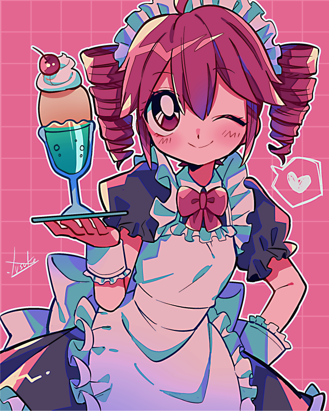 1990s_(style), 1girl, ahoge, apron, artist_name, back_bow, black_dress, blush, bow, bowtie, cherry, closed_mouth, collared_dress, dress, drill_hair, food, frilled_apron, frilled_sleeves, frilled_wrist_cuffs, frills, fruit, grid_background, hair_between_eyes, heart, holding, holding_plate, ice_cream, kasane_teto, looking_at_viewer, maid, maid_headdress, one_eye_closed, outline, pink_background, plate, puffy_short_sleeves, puffy_sleeves, red_bow, red_bowtie, red_eyes, redhead, redrawn, retro_artstyle, short_hair, short_sleeves, smile, solo, spoken_heart, sundae, twin_drills, twintails, utau, white_apron, white_bow, white_headdress, white_outline, white_wrist_cuffs, wrist_cuffs, yuusuke-kun
