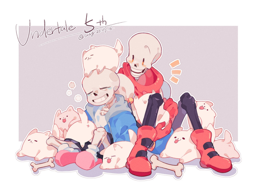 2boys, :3, animal, animal_on_lap, ankle_boots, annoying_dog, blue_jacket, bone