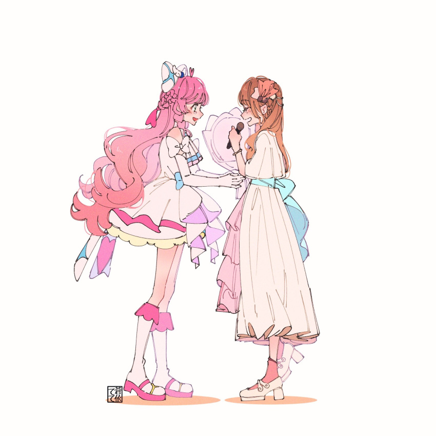 2girls, aoi_tete, artist_logo, ascot, boots, bouquet, bow, braid