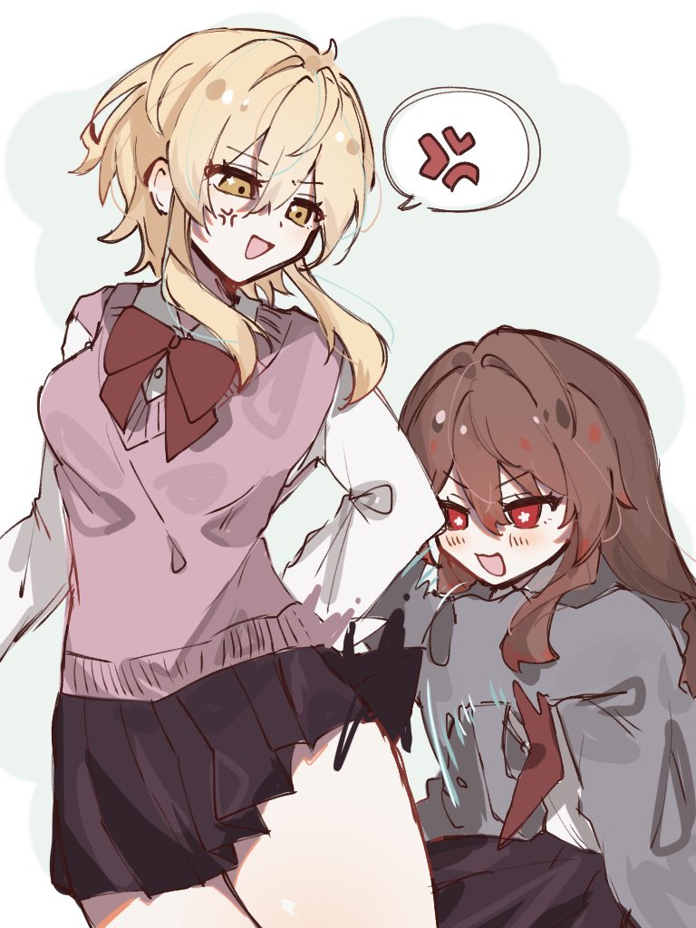 2girls, anger_vein, black_skirt, blonde_hair, bow, bowtie, bright_pupils, brown_hair