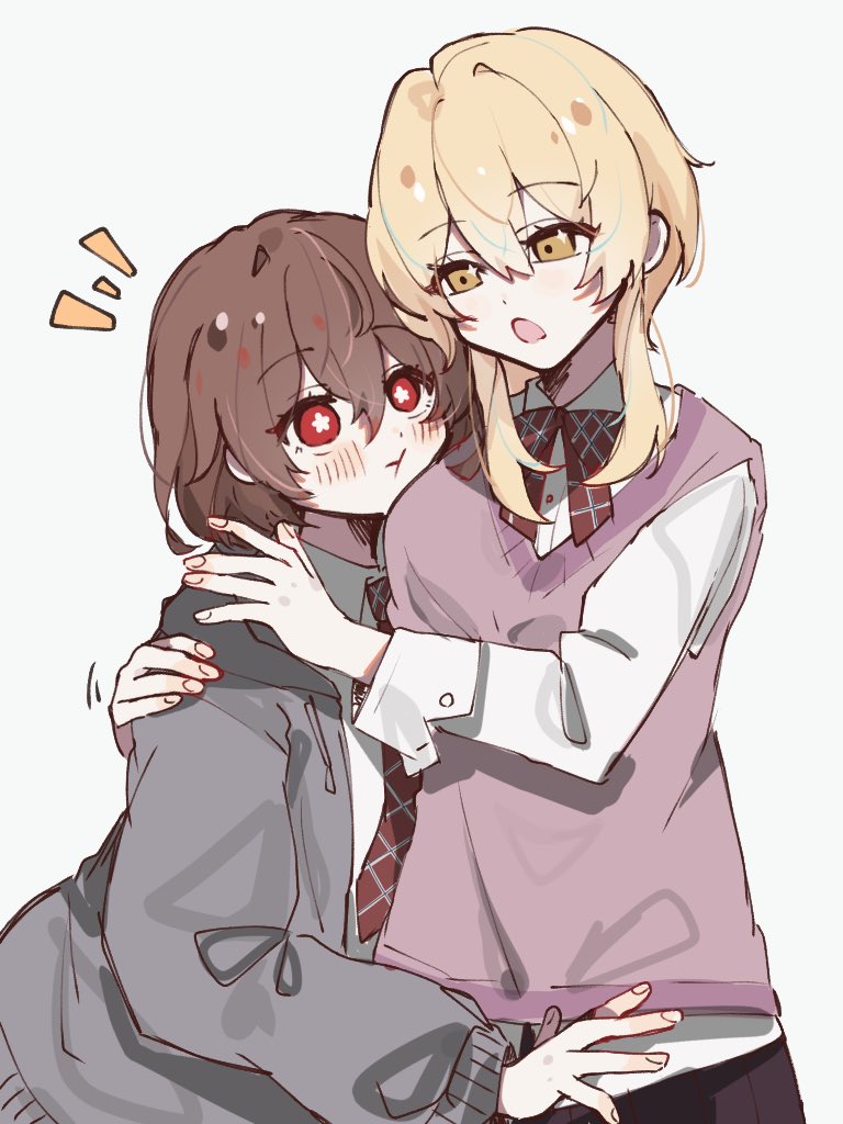 2girls, :t, blonde_hair, blush, bow, bowtie, bright_pupils, brown_hair