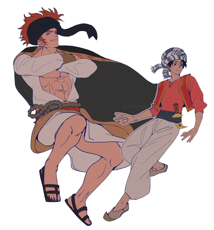 2boys, abs, arabian_clothes, black_hair, bucchigiri?!, cape, cropped_vest, crossed_arms