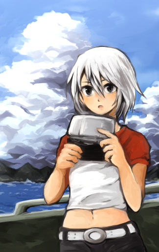 1girl, another_code, ashley_mizuki_robbins, belt, black_eyes, clouds, denim, handheld_game_console