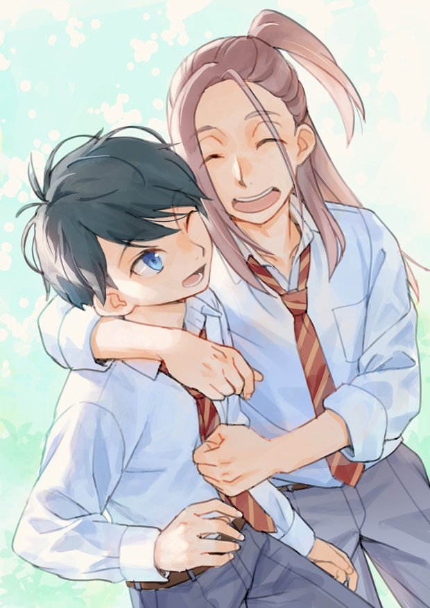 2boys, ;d, arm_around_shoulder, asahina_haruka, belt, black_hair, blue_eyes, brown_hair