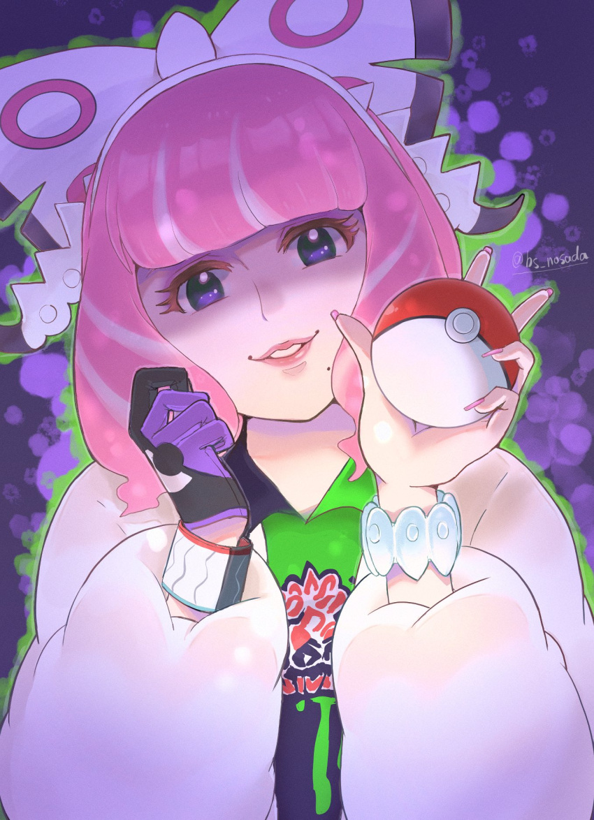 1girl, bracelet, collared_shirt, drill_hair, dynamax_band, eyeshadow, flipped_hair, fur_jacket