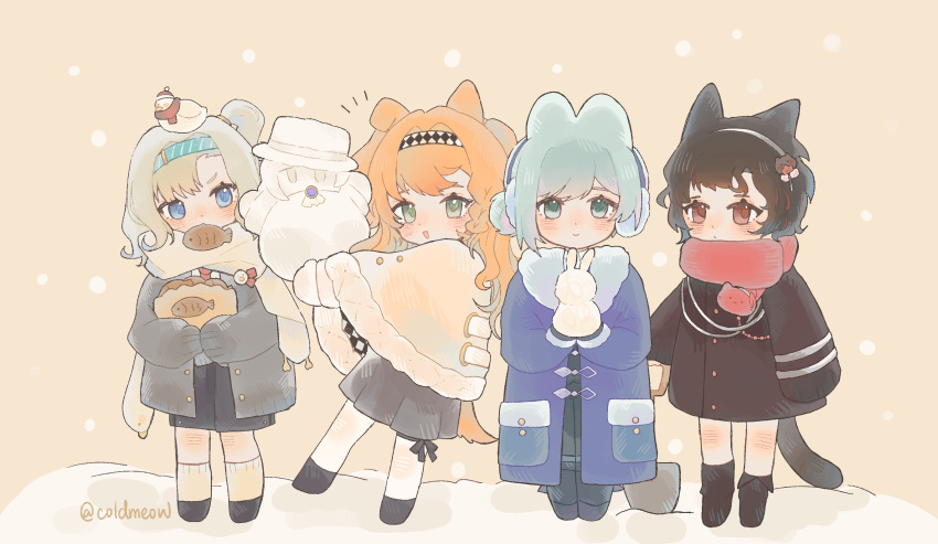 4girls, :d, animal_ears, animal_on_head, artist_name, bag, bird, black_coat