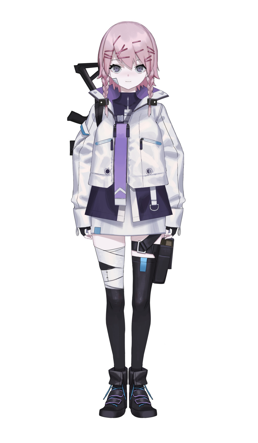 1girl, absurdres, anonymous_(nijisanji), bandage_on_face, bandages, black_footwear, black_gloves, black_thighhighs