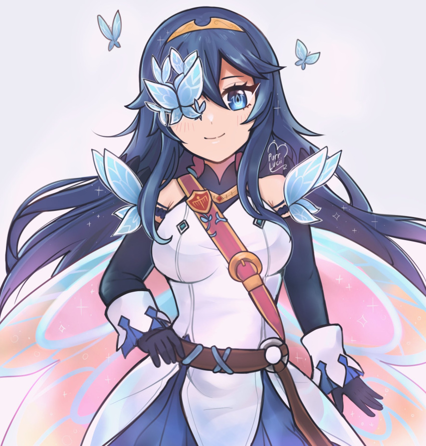 1girl, artist_name, bare_shoulders, belt, blue_eyes, bodysuit, brand_of_the_exalt, bug