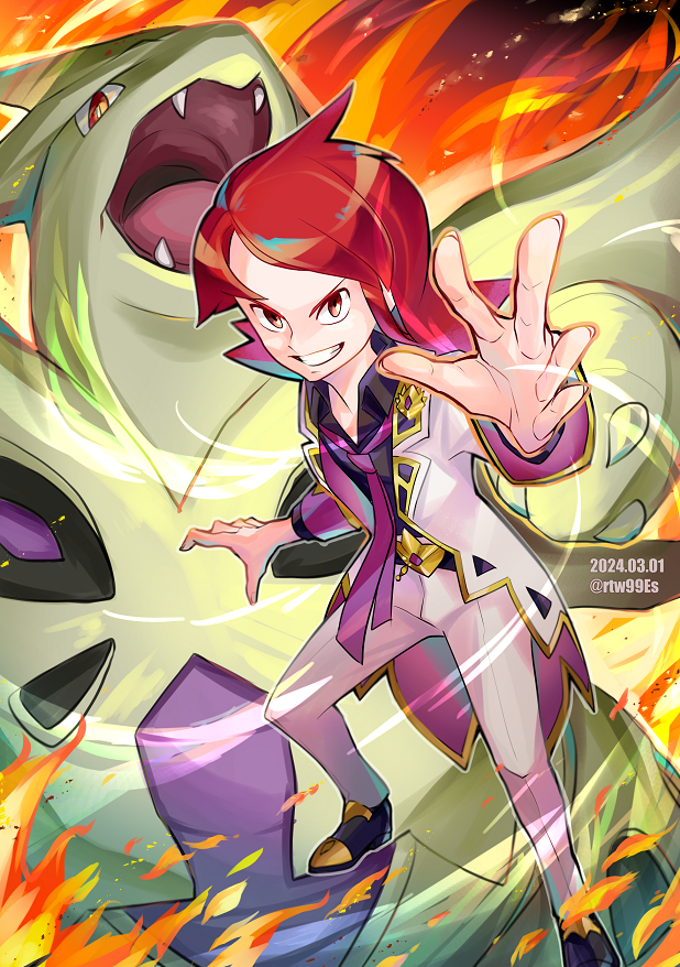 1boy, black_footwear, dated, fangs, fire, jacket, male_focus, mega_pokemon