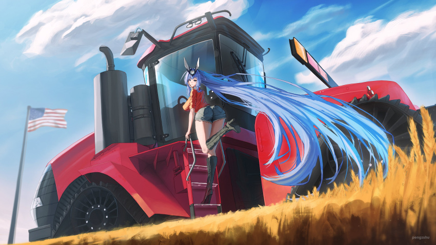 1girl, absurdly_long_hair, absurdres, alternate_costume, american_flag, animal_ears, ass, azur_lane, black_footwear, blue_hair, boots, clouds, cloudy_sky, denim, denim_shorts, fake_animal_ears, farm, flag, highres, knee_boots, long_hair, new_jersey_(azur_lane), orange_shirt, pengzshu, rabbit_ears, shirt, shorts, sky, solo, tractor, very_long_hair