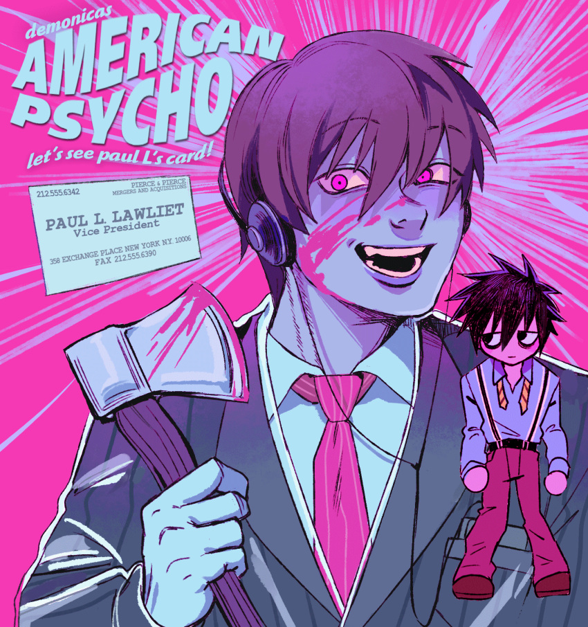 2boys, alternate_costume, alternate_skin_color, american_psycho, animated, animated_gif, axe, bags_under_eyes