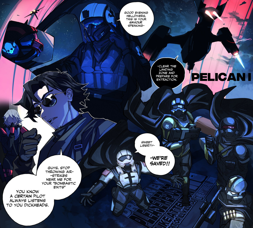 !, !!, 1boy, 1girl, 4others, absurdres, armor, black_hair