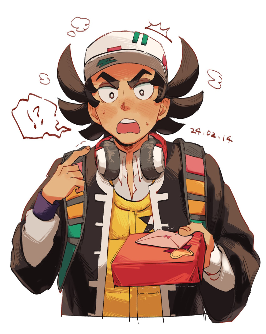 !?, 1boy, baseball_cap, black_eyes, black_hair, blush, box, bright_pupils