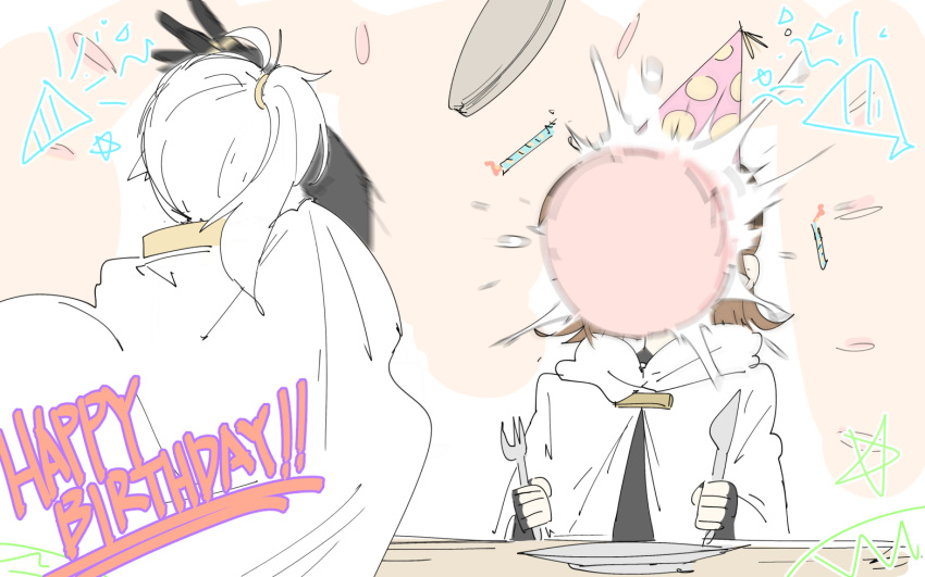 1boy, 1girl, birthday_cake, black_gloves, brown_hair, cake, candle, cloak