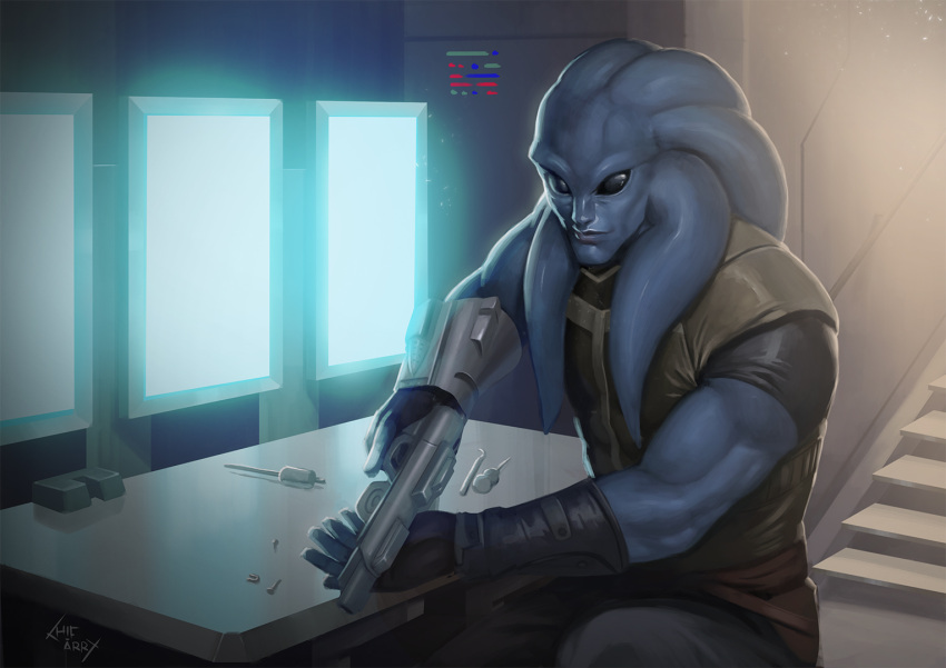 1boy, alien, black_gloves, black_pants, black_sclera, blue_skin, brown_vest, colored_sclera, colored_skin, gloves, gun, handgun, hifarry, holding, holding_gun, holding_weapon, indoors, nautolan, pants, sitting, solid_eyes, solo, stairs, star_wars, table, tentacle_hair, vest, weapon