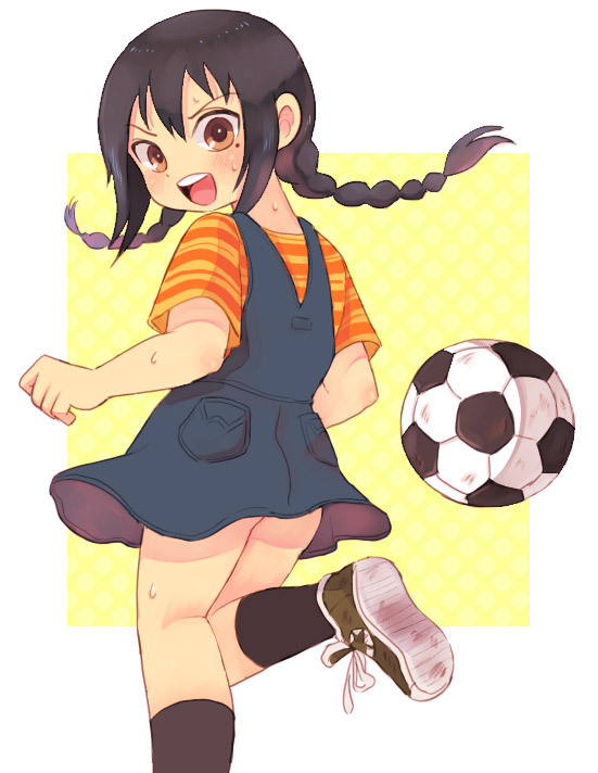 black_hair, braid, brown_eyes, long_hair, looking_back, mitsudomoe, ogata_airi, oota, soccer_ball, telstar, twin_braids, twintails