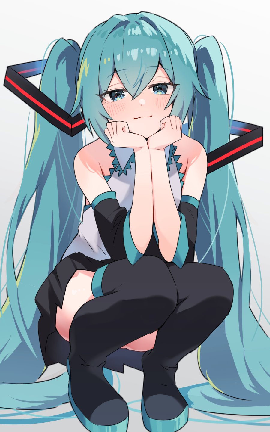 1girl, black_footwear, black_skirt, boots, enipa_28, green_eyes, green_hair, grey_shirt