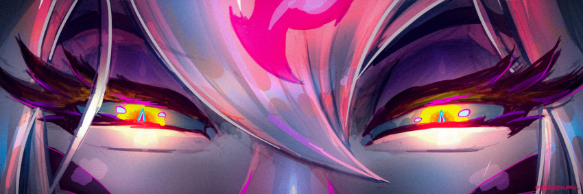 1girl, absurdres, artist_name, close-up, evelynn_(league_of_legends), eye_focus, eyeliner, glowing