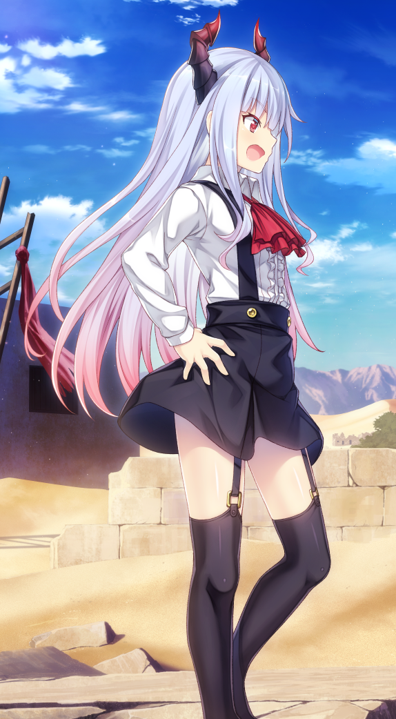 1girl, aruko_(marco_to_ginga_ryuu), ascot, from_side, horns, long_sleeves, marco_to_ginga_ryuu, multicolored_hair