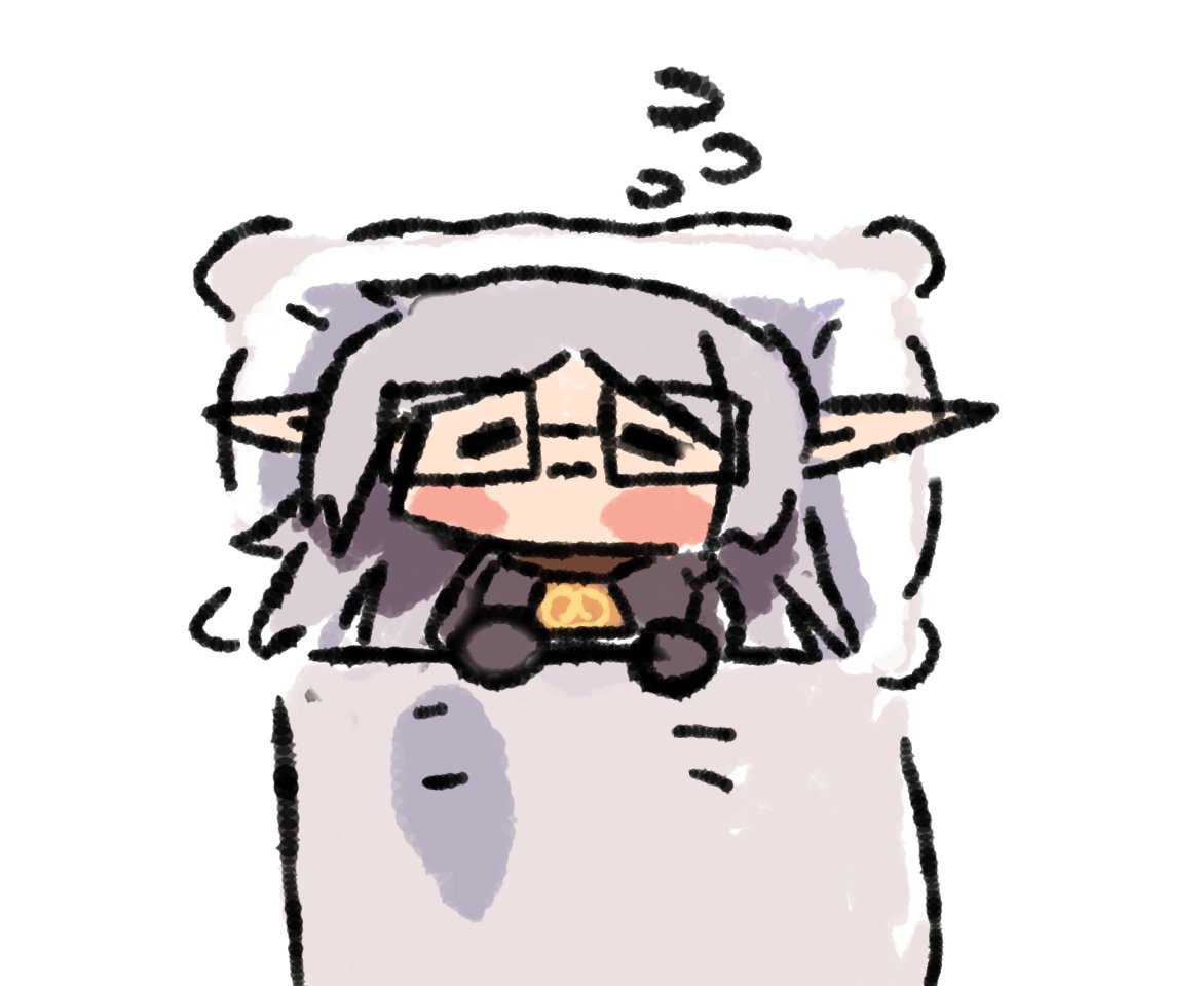 1girl, bed, black-framed_eyewear, blush_stickers, chibi, cosplay, elf, frieren