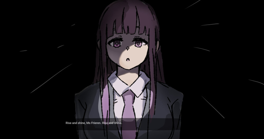 1girl, black_background, black_suit, blunt_bangs, bright_pupils, cosplay, english_text, engrish_text