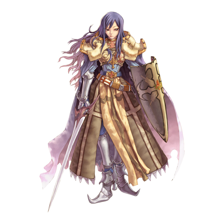1girl, 2000s_(style), armor, armored_boots, blue_pants, blue_shirt, boobplate, boots, brown_eyes, brown_skirt, closed_mouth, cross, crusader_(ragnarok_online), full_body, gauntlets, gradient_hair, highres, holding, holding_shield, holding_sword, holding_weapon, long_hair, long_sleeves, looking_at_viewer, multicolored_hair, myung-jin_lee, official_art, pants, pauldrons, purple_hair, ragnarok_online, shield, shirt, shoulder_armor, simple_background, skirt, solo, standing, sword, tachi-e, transparent_background, weapon