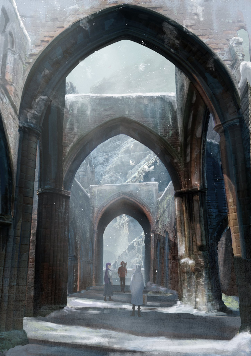 1boy, 2girls, arch, bird, capelet, commentary_request, dress, elf