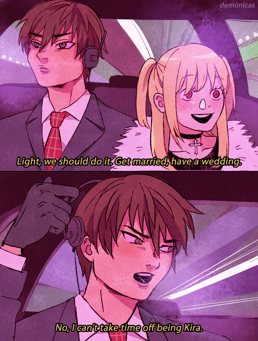 1boy, 1girl, amane_misa, american_psycho, basstual, black_choker, black_gloves, blonde_hair