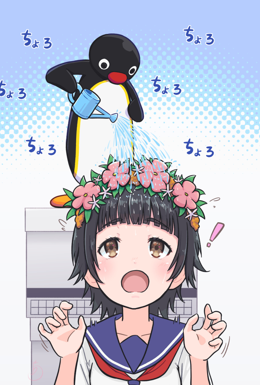 !, 1boy, 1girl, a_certain_high_school_uniform, alternate_height, bird, black_hair, blue_sailor_collar