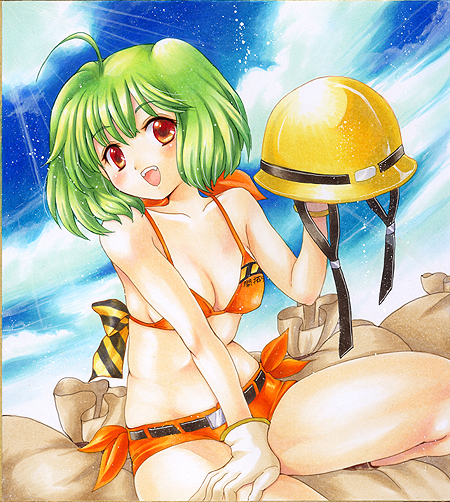 bad_id, bare_shoulders, bikini_top, breasts, cleavage, fangs, green_hair, hardhat