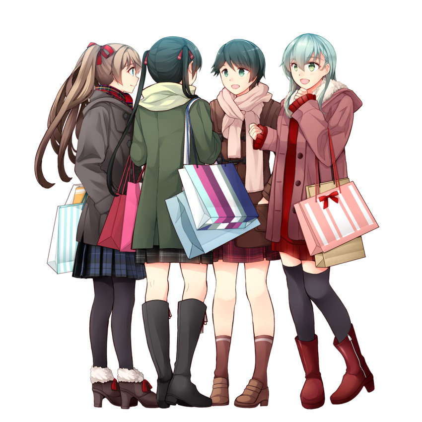 4girls, :d, alternate_costume, aqua_hair, bag, black_footwear, black_skirt, blue_eyes