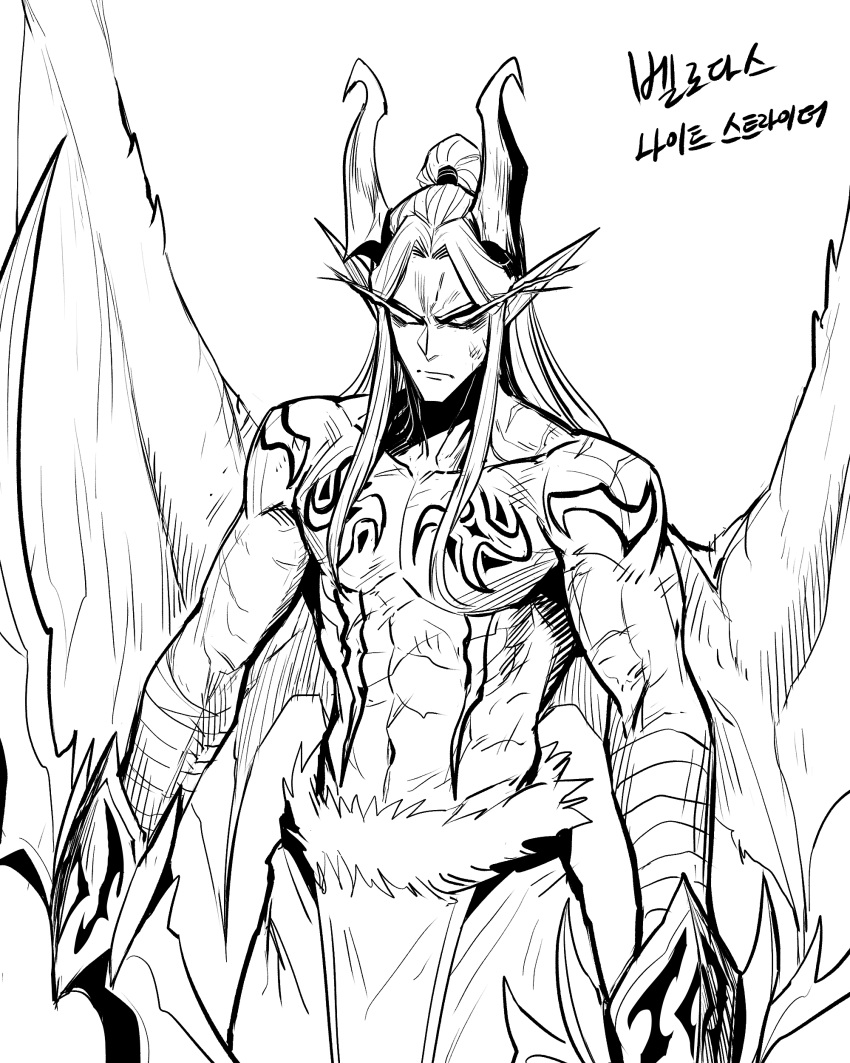 1boy, abs, absurdres, bandaged_arm, bandages, chest_tattoo, cowboy_shot, demon_horns, demon_hunter_(warcraft), demon_wings, dual_wielding, flaming_eyes, fur-trimmed_pants, fur_trim, gegegekman, highres, holding, holding_weapon, horns, looking_at_viewer, male_focus, monochrome, muscular, navel, pants, parted_bangs, pectorals, pelvic_curtain, pointy_ears, ponytail, scar, shoulder_tattoo, sidelocks, tattoo, toned, toned_male, warcraft, weapon, white_background, wings, world_of_warcraft