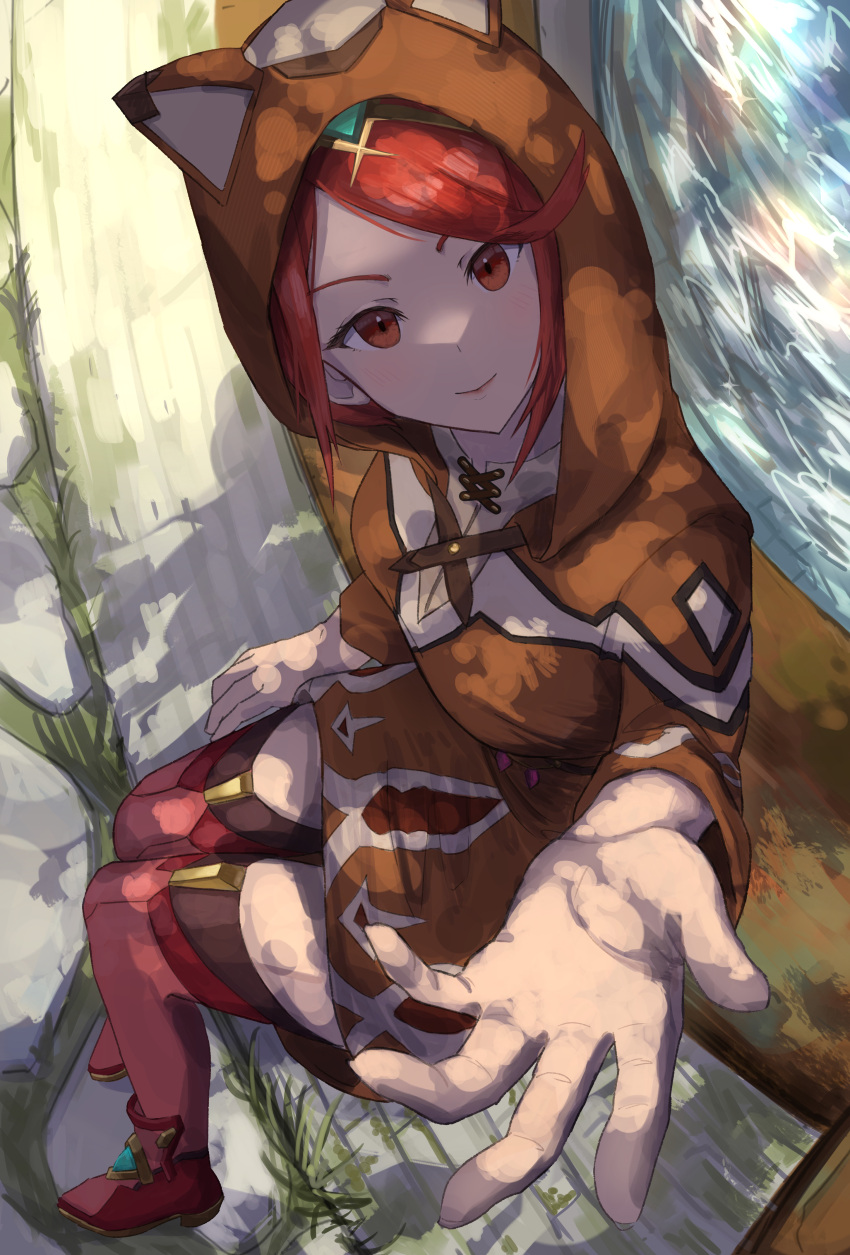 1girl, absurdres, animal_hood, brown_hood, brown_hoodie, closed_mouth, commentary_request, dappled_sunlight