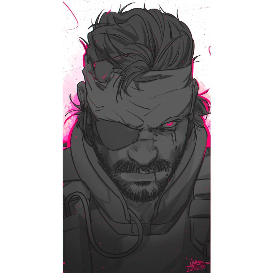 1boy, beard, facial_hair, frown, full_beard, glowing, glowing_eye, greyscale_with_colored_background, headband, liyamou, looking_at_viewer, male_focus, mature_male, metal_gear_(series), metal_gear_solid, outline, pink_outline, portrait, short_hair, solid_snake, solo, thick_mustache, tsurime