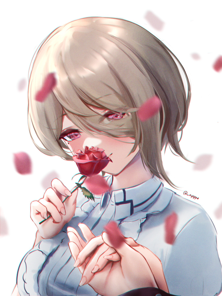 1girl, absurdres, falling_petals, flower, flower_over_mouth, hair_between_eyes, hair_over_one_eye, highres