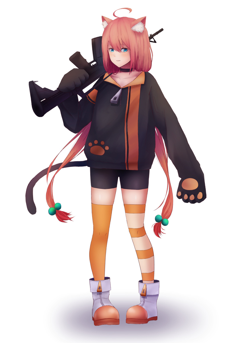 1girl, absurdres, animal_ears, asymmetrical_legwear, blue_eyes, cat_ears, cat_tail, gun