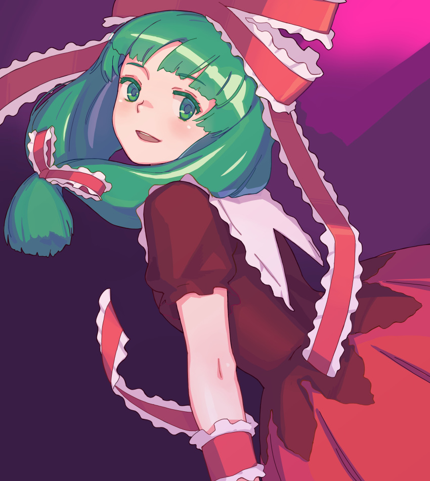1girl, absurdres, arm_ribbon, blunt_bangs, bow, dinoswift, dress, frilled_bow, frilled_ribbon, frills, front_ponytail, green_eyes, green_hair, hair_bow, hair_ribbon, highres, kagiyama_hina, looking_at_viewer, open_mouth, puffy_short_sleeves, puffy_sleeves, purple_background, red_bow, red_dress, ribbon, short_sleeves, solo, teeth, touhou, upper_body, upper_teeth_only