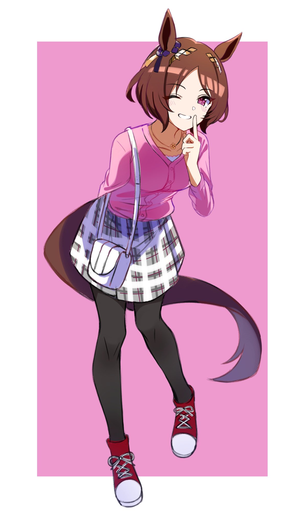 1girl, animal_ears, bag, black_thighhighs, brown_hair, casual, chokotabetai00, full_body