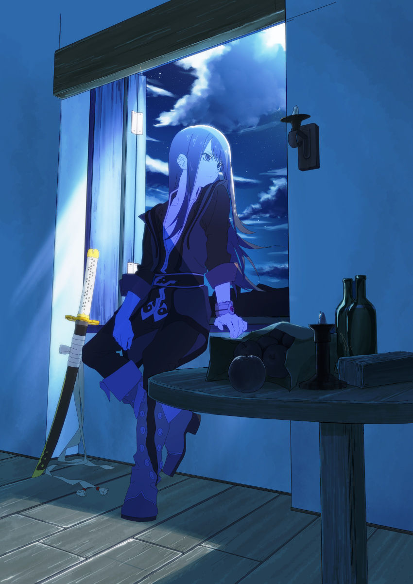 1boy, absurdres, against_window, androgynous, apple, arm_support, bag, boots, bottle, bracelet, clouds, food, fruit, full_body, highres, indoors, jewelry, knee_boots, long_hair, looking_outside, male_focus, moonlight, night, night_sky, pants, paper_bag, purple_hair, scabbard, sheath, sky, soko05, solo, table, tales_of_(series), tales_of_vesperia, tunic, violet_eyes, windowsill, wooden_table, yuri_lowell