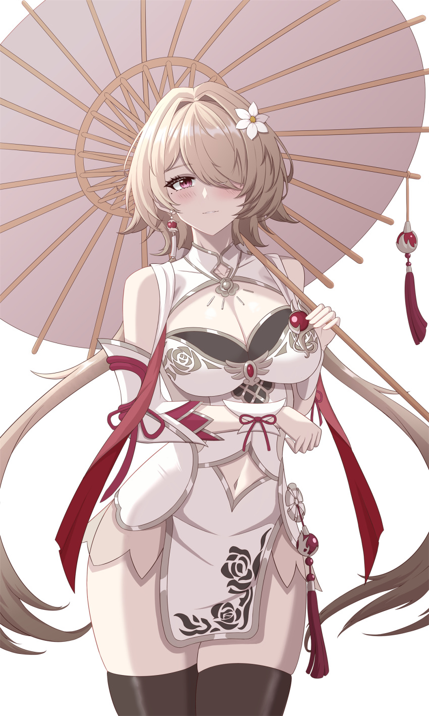 1girl, absurdres, black_pantyhose, black_thighhighs, blush, breasts, brown_hair, china_dress