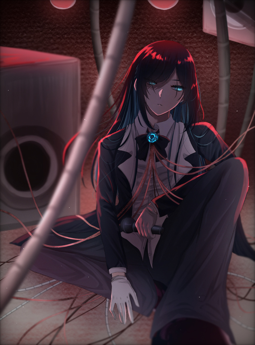 1girl, absurdres, ado_(utaite), black_bow, black_bowtie, black_coat, black_hair, black_pants, blue_eyes, blue_flower, blue_rose, bow, bowtie, cable, chando_(ado), cloud_nine_inc, coat, collared_shirt, colored_inner_hair, commentary_request, dress_shirt, flower, flower_brooch, glowing, glowing_eyes, highres, long_hair, long_sleeves, mole, mole_under_eye, multicolored_hair, on_ground, open_clothes, open_coat, pants, parted_lips, rose, shadow, shirt, shoko_(gs_music11), sidelocks, sitting, solo, speaker, two-tone_hair, white_shirt