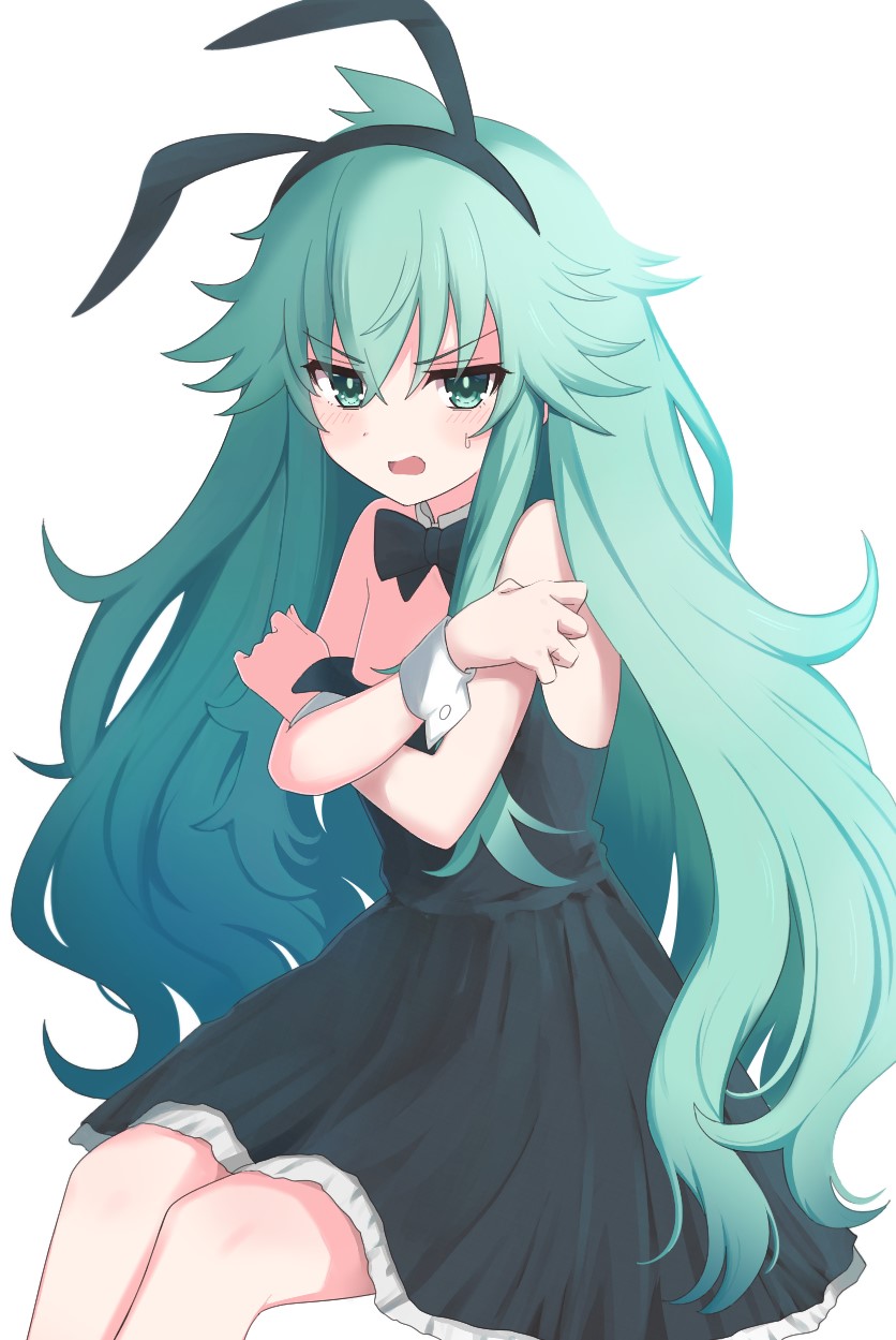 1girl, animal_ears, bare_shoulders, black_dress, black_ribbon, date_a_live, dress, fake_animal_ears, green_eyes, green_hair, highres, lime_ill_10, long_hair, natsumi_(date_a_live), open_mouth, rabbit_ears, ribbon, sitting, solo, white_background, wrist_cuffs