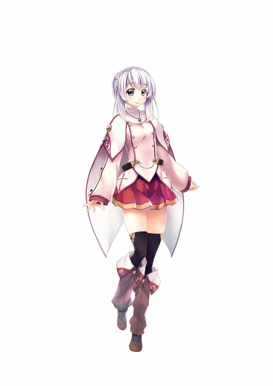 1girl, atelier-moo, boots, breasts, brown_eyes, full_body, hair_between_eyes, highres, jewelry, long_sideburns, long_sleeves, lutie, miniskirt, necklace, our_battle_has_just_begun!, sideburns, skirt, smile, solo, standing, thigh-highs, white_hair, zettai_ryouiki