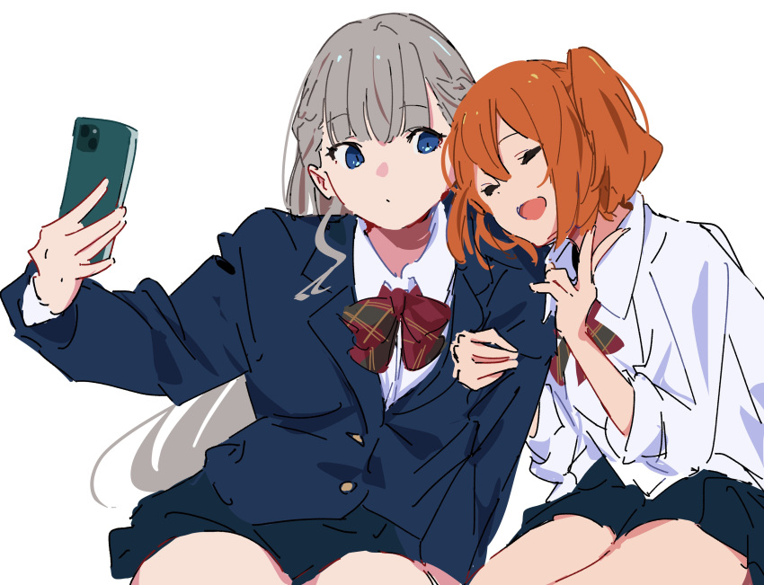 2girls, absurdres, arm_hug, atenaba, blazer, blue_eyes, blue_jacket, blue_skirt
