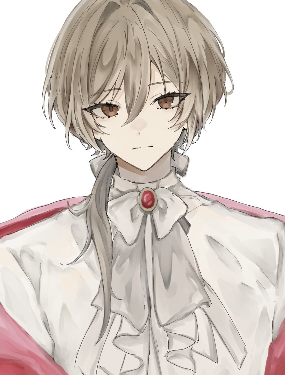 1boy, ascot, bow, brooch, brown_eyes, brown_hair, cape, closed_mouth