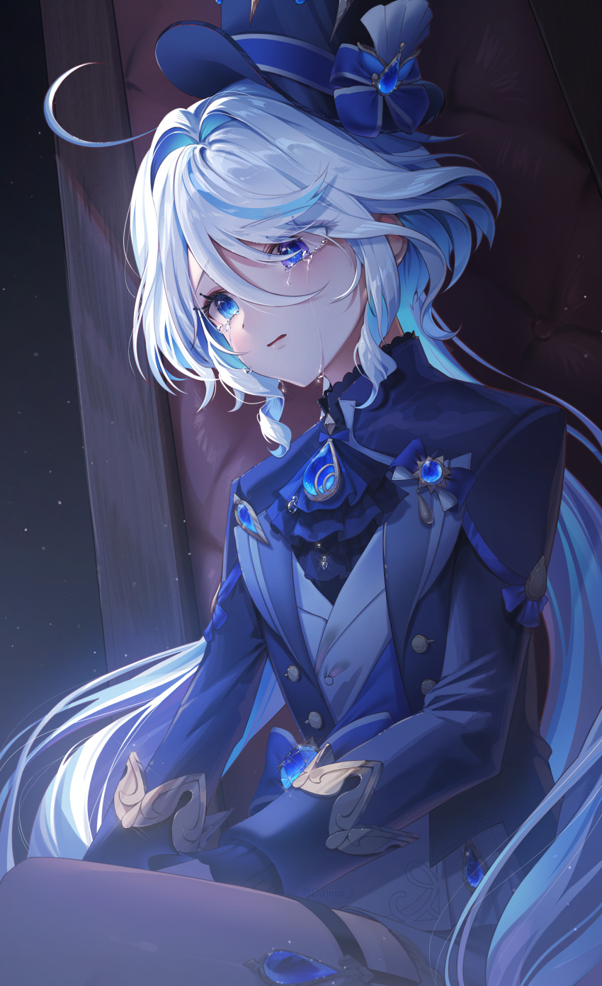 1girl, absurdres, ascot, blue_ascot, blue_brooch, blue_eyes, blue_gemstone, blue_hair